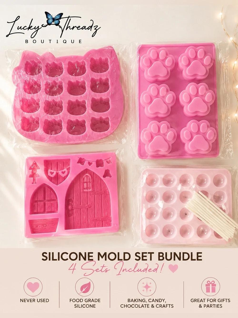 Silicone Mold Bundle – Hello Kitty, Paw Print, Fairy Door & Cake Pop – 4 Sets
